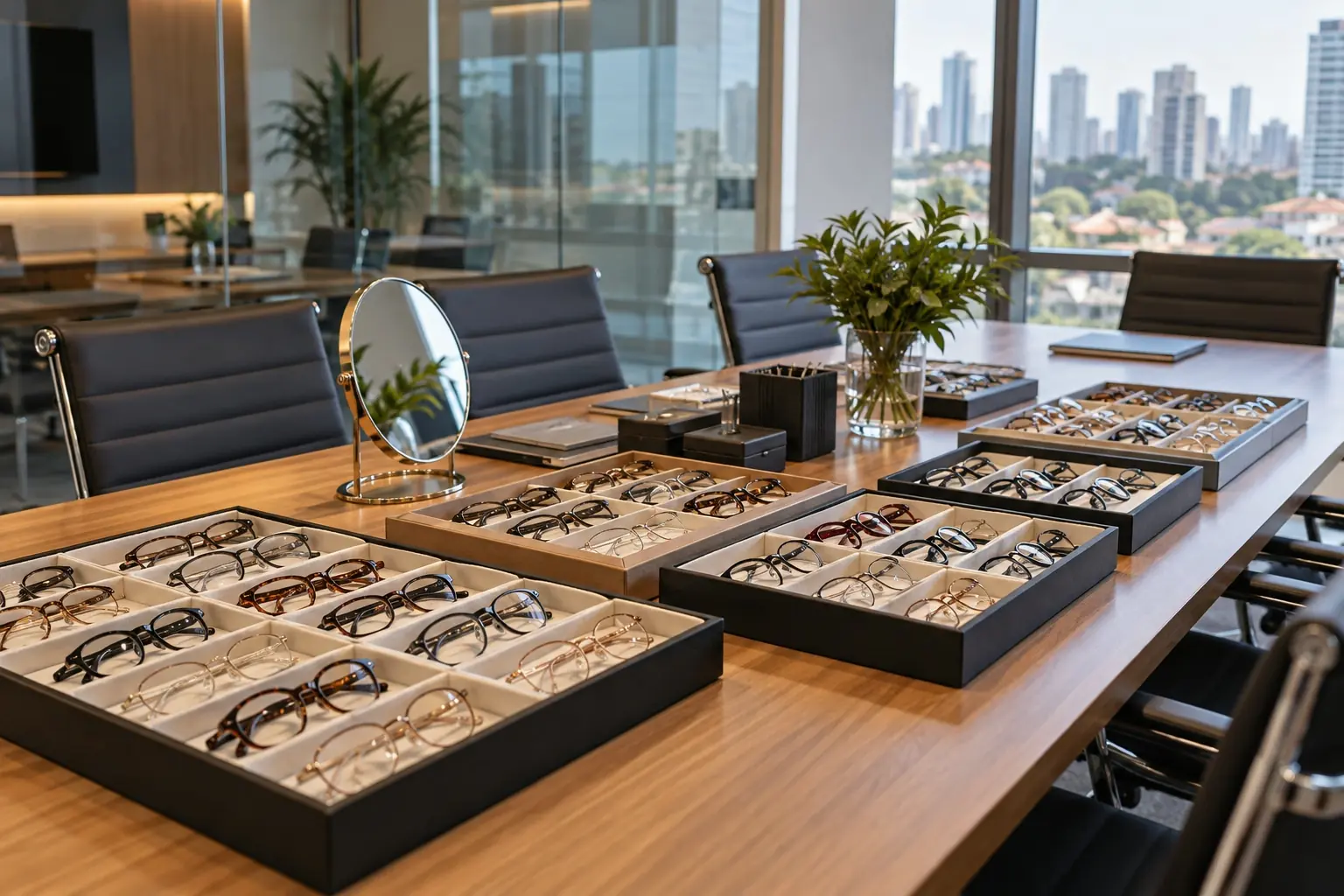 Showroom de armações de óculos montado em sala de reunião de empresa
