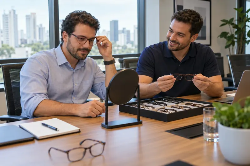 Colaborador experimentando óculos com ajuda de um consultor na empresa