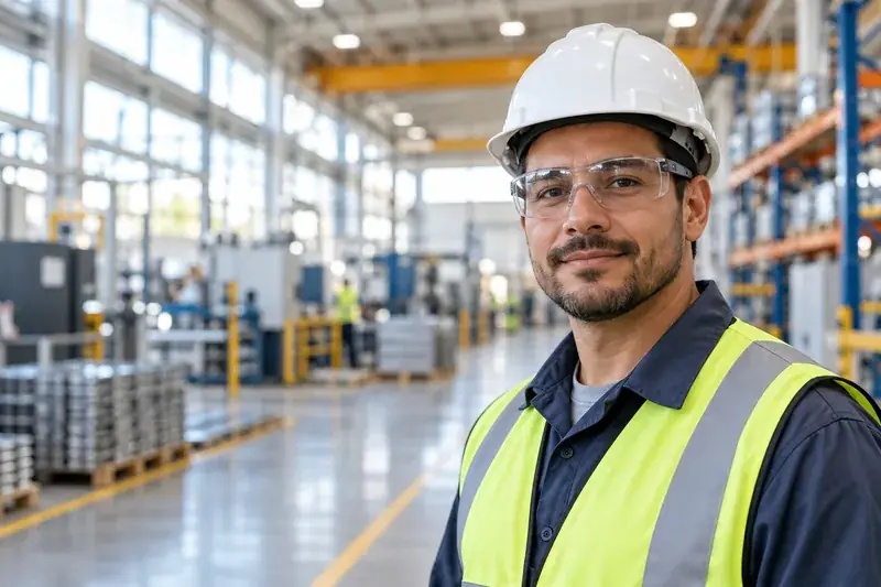 Trabalhador da indústria usando óculos de segurança, capacete e colete refletivo
